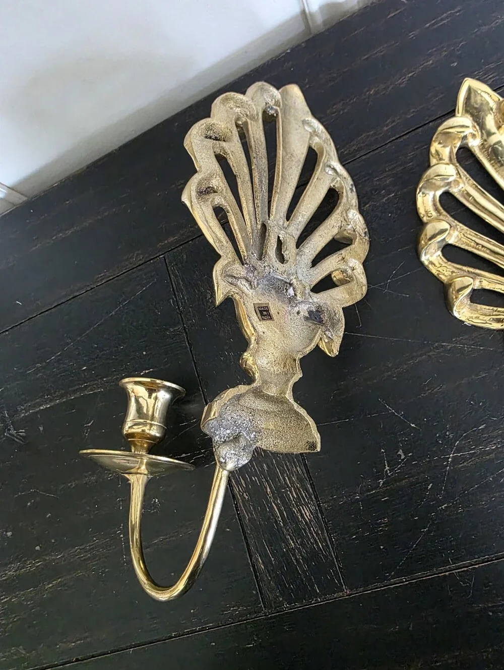 Set Of 2 Brass Gold Taper Candle Wall Sconce Holder Vtg Peacock 9' Small
